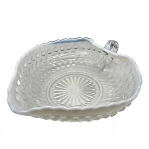 Fenton opalescent hobnail glass heart-shaped dish with a sunburst base.
